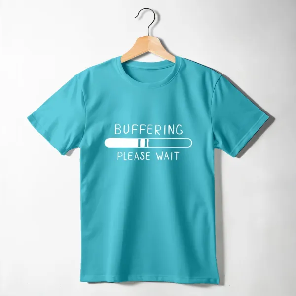 Kids t shirt in turquoise which says buffering please wait over a loading bar